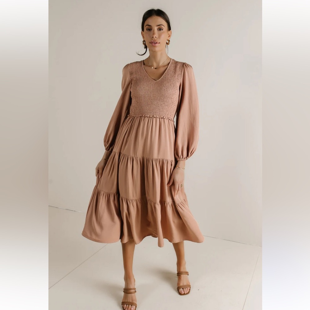 Böhme SMOCKED TIERED MIDI DRESS IN PINK Size X-large